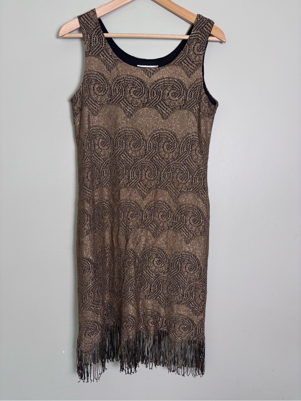 VTG 90s S.L. Fashions Gold Crochet Fringe Trim Party Dress-Size 10P-Flapper
